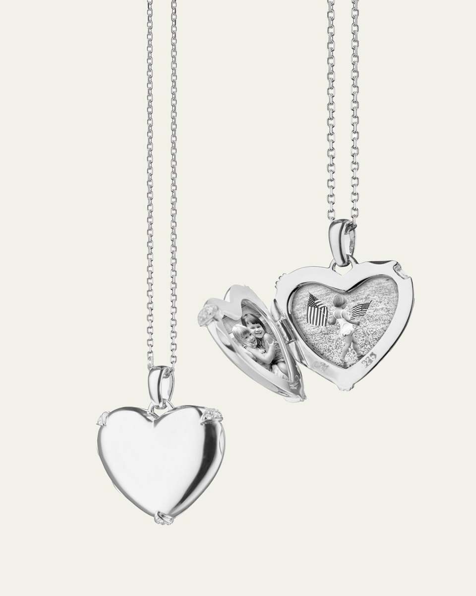 STERLING SILVER HEART LOCKET WITH WHITE SAPPHIRE ACCENTS ON A 17" DIAMOND CUT CHAIN